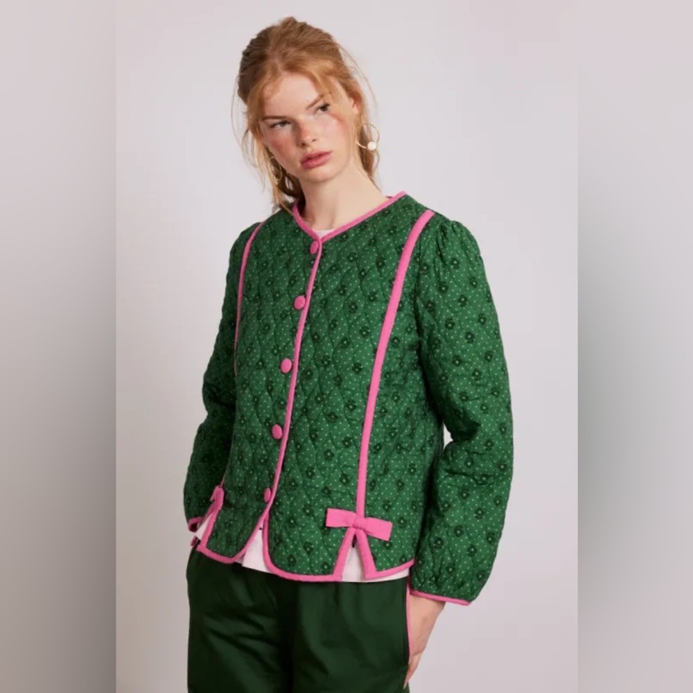 Damson Madder Diana Quilted Jacket in Khaki/Pink UK 14 / US 10